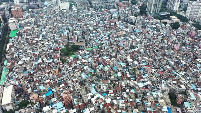 Aerial View of Dense Urban Residential Neighborhood and High Rise Buildings