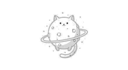 Cute Cat Planet Cartoon Character Floating in Space © Morham