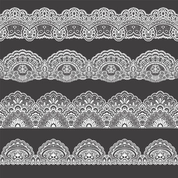 Lace ornament borders vector set. Elegant decorative endless patterns with floral embroidery and ribbon details for wedding cards, invitations. Vintage textile designs.