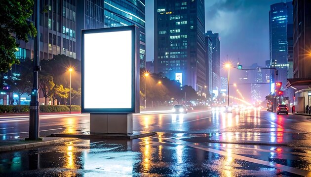 Rainy City Corner DOOH Billboard, Cinematic Night Advertising Mockup