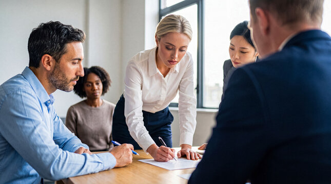 Focused blonde businesswoman signing official documents while sitting at a meeting table with colleagues.