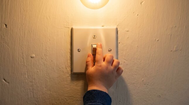 Curious small hand flipping a classic wall light switch, casting a warm glow and emphasizing themes of energy management, home comfort, and daily control