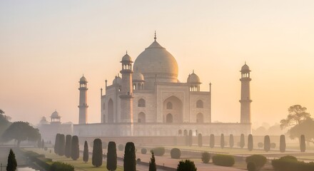Obraz premium Majestic Taj Mahal appearing through heavy morning fog during a beautiful golden sunrise in India.