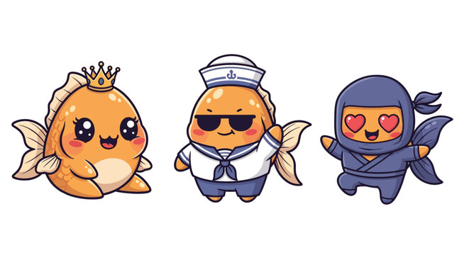 Colorful Cartoon Fish in Different Costumes and Outfits.