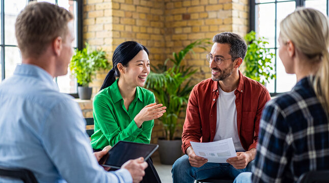 Diverse group of colleagues engaging in an informal discussion or brainstorming session in a relaxed office.