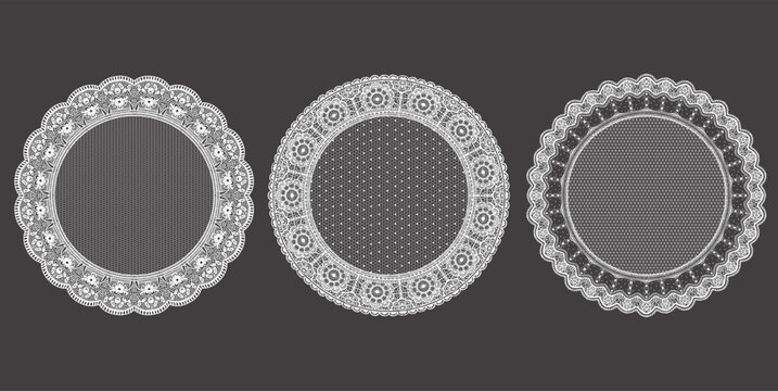 Vector set of Vintage lace round frames with ornate floral details and dotted textures. Decorative hand-drawn romantic borders. Design for wedding invitations, valentine cards.