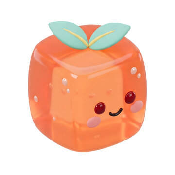 Cute orange jelly cube character with leaves and bubbles