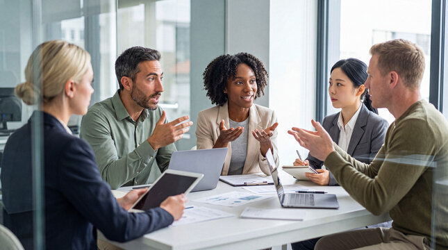 Group of multi-ethnic business colleagues actively collaborating during a strategy meeting in a modern office.