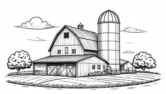 Classic countryside barn with single silo line art illustration.