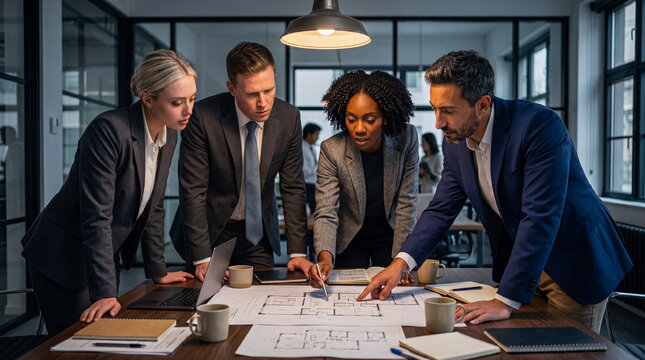 Diverse architects and engineers collaborating on complex building plans in a modern office setting.