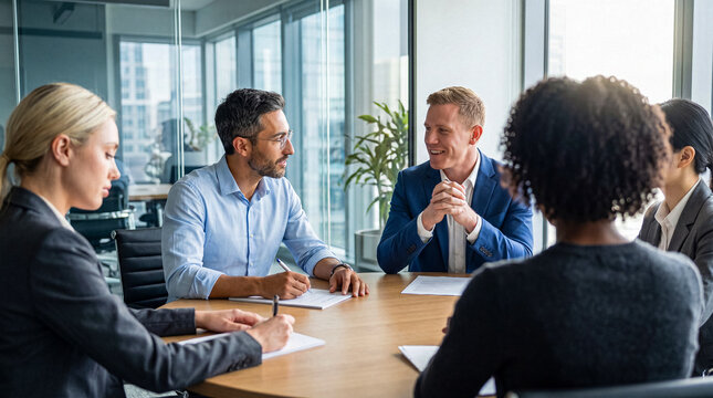 Smiling diverse business professionals engaging in a productive corporate meeting, discussing reports and strategies.
