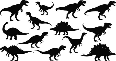 Dinosaur silhouettes vector collection featuring tyrannosaurus rex stegosaurus brachiosaurus and raptor predators isolated on white background © MdOsiar