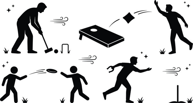 Outdoor lawn games vector silhouette icon set featuring cornhole bean bag toss croquet horseshoes and flying disc activity elements