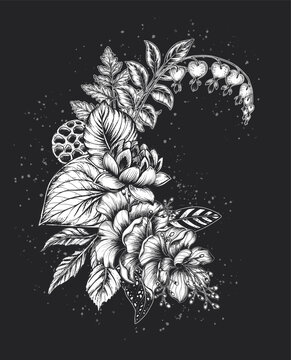 Beautiful hand drawn vector composition with black and white unusual blooming flowers on black background