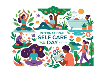 Fototapeta premium Diverse people practicing mindfulness wellness and healthy self care routines for International Self Care Day silhouette vector icon