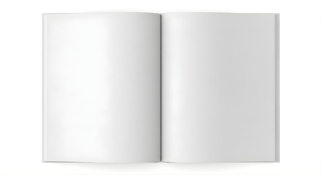 Blank open book mockup with white pages on white background.