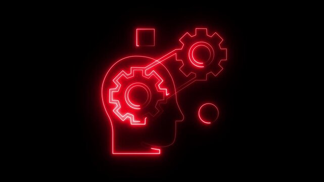 Neon human head with rotating gears animation: artificial intelligence and innovation concept