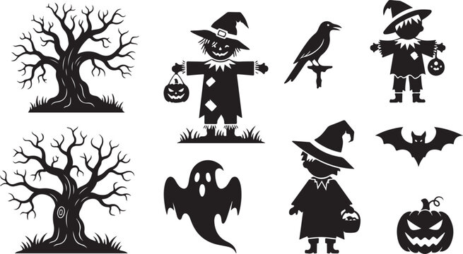 Set of black silhouette icons for halloween featuring spooky trees ghosts bats and scarecrows
