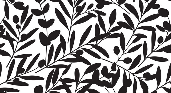 Seamless pattern with black olive branches and leaves in a hand drawn botanical style