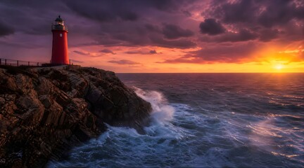 Obraz premium Red lighthouse on a rocky cliff during a dramatic sunset over the ocean waves.