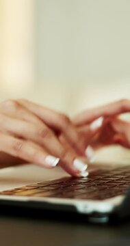 Woman, hands and typing in office with laptop, copywriting proposal and research for marketing project. Person, browsing and copywriter in business with computer, advertising campaign and website.