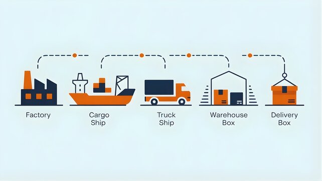 Supply chain logistics process infographic showing factory cargo ship truck warehouse and delivery box.