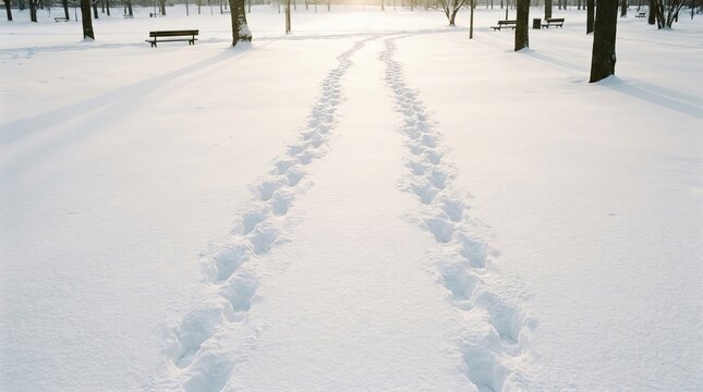 Footprints in Snowy Park Path During Winter Sunset