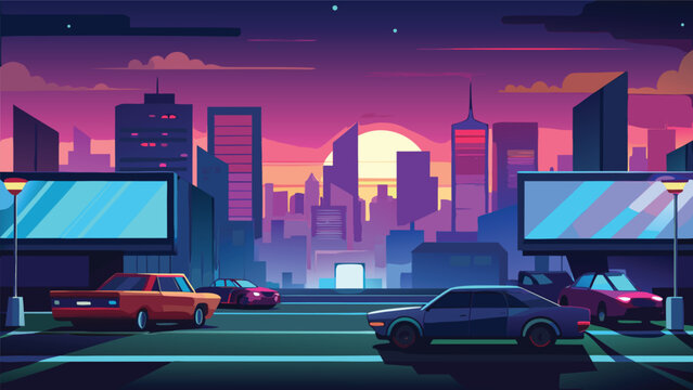 Retro cityscape at sunset with billboards and cars in a synthwave style