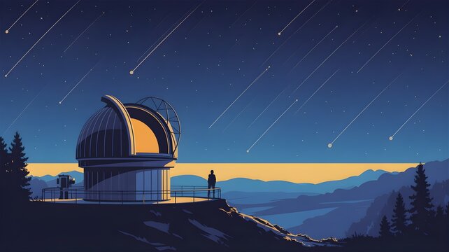 Vector illustration of an observatory dome under a starry night sky with meteor shower.