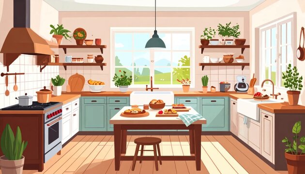 Cozy kitchen interior with turquoise cabinets and wooden island.