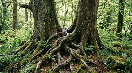 Fototapeta premium Ancient Trees with Intertwined Roots in Lush Green Forest