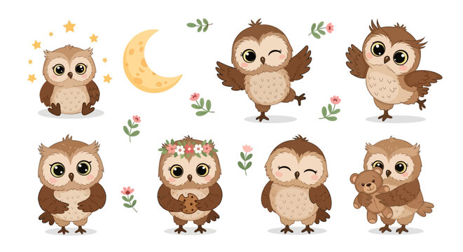Cute cartoon owl character collection with various poses, moon and flowers, nursery clip art