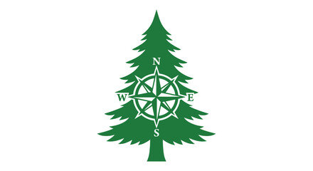 Fototapeta premium Pine Tree Silhouette With Compass Rose Green On White Background