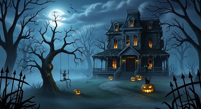 Spooky halloween haunted house with skeleton and jack o' lanterns at night