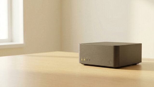Bright Minimalist Home Server Device on Natural Wood Table with Bokeh Background Representing Innovation and Security Perfect for Technology Advertising and Website Branding