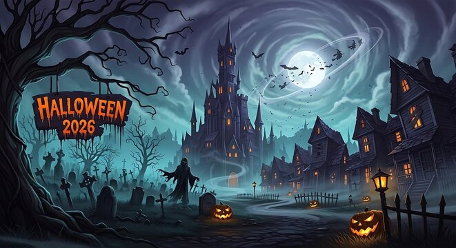 Spooky halloween castle scene with graveyard and bats 2026