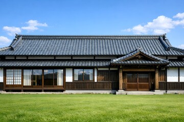 Fototapeta premium 広々とした芝生が美しい伝統的な瓦屋根の日本家屋と青空