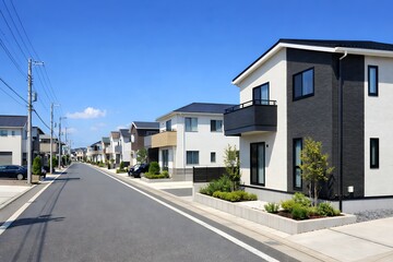 Obraz premium 青い空広がる穏やかな新興住宅地で家々が建ち並ぶ道路の風景