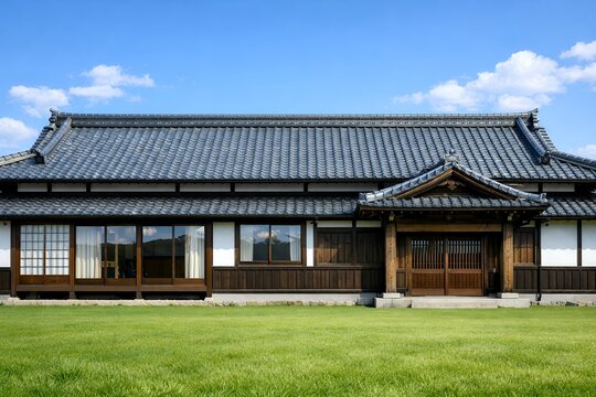 広々とした芝生が美しい伝統的な瓦屋根の日本家屋と青空