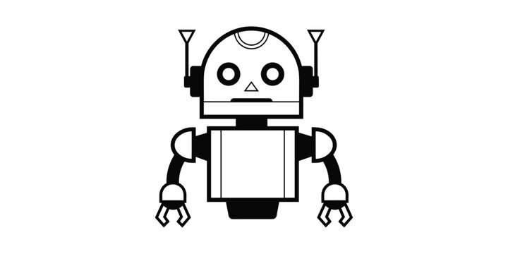 Simple line art robot with antennas and gripper hands a minimalist vector drawing of a robot character in black and white it has a simple base and is depicted on a white background technology