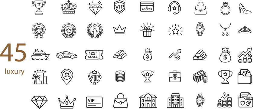 Luxury and Premium Lifestyle Line Icons Set Featuring Diamonds Royal Crowns Sports Cars Cruise Ships Five-Star Hotels VIP Privilege Cards High Heels and Wealth Portfolios