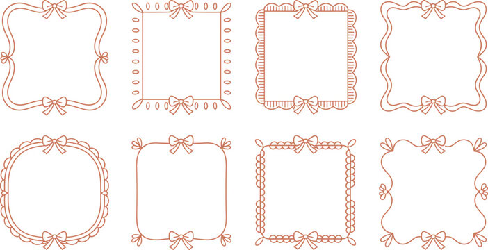 Hand drawn decorative square frames with ribbon bows, elegant doodle border design for invitations, greeting cards, scrapbooking and photo decoration