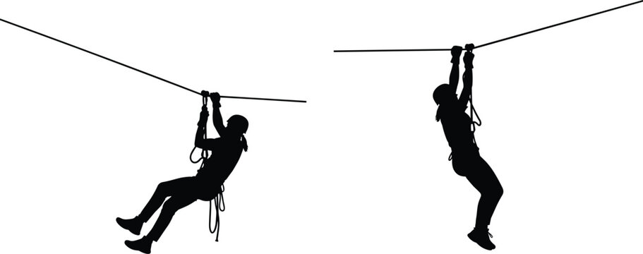 Black silhouette of active people riding a zipline extreme adventure sport isolated on a white background vector