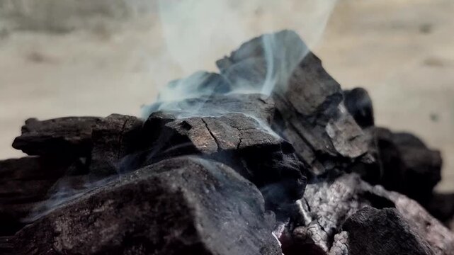 Smoky wood charcoal. Charcoal is a black, carbonaceous residue produced by burning wood without oxygen (pyrolysis). This material is widely used as a cooking fuel