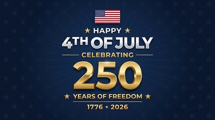 Naklejka premium Happy Fourth of July celebrating two hundred fifty years of freedom fireworks background with american flag and text happy 4th of july 1776 2026.