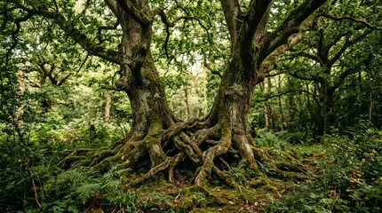 Fototapeta premium Ancient Gnarled Oak Tree with Exposed Roots in Lush Green Forest