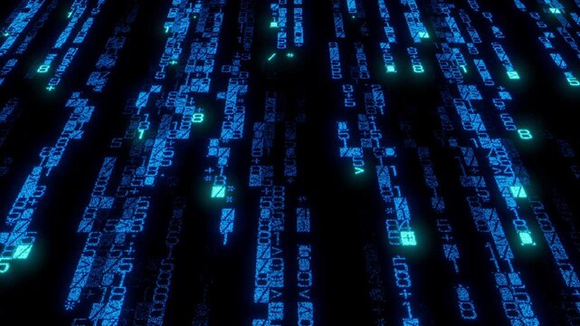 High-Resolution Display of Code Cascading Downwards. Neon Blue Coding Background. Seamless Loop.