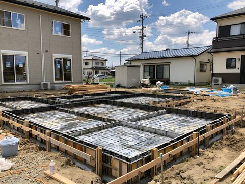 青空の下で進む新築住宅の基礎工事現場戸建て建築の始まり