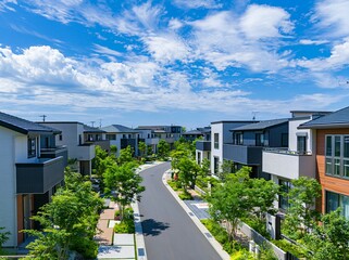 Naklejka premium 青空と白い雲が広がるモダンな新築戸建てが連なる緑豊かな住宅街の美しい街並み