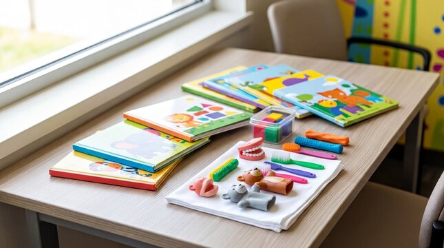 speech therapy tools, a vibrant table showcases speech therapy tools beside colorful childrens books
